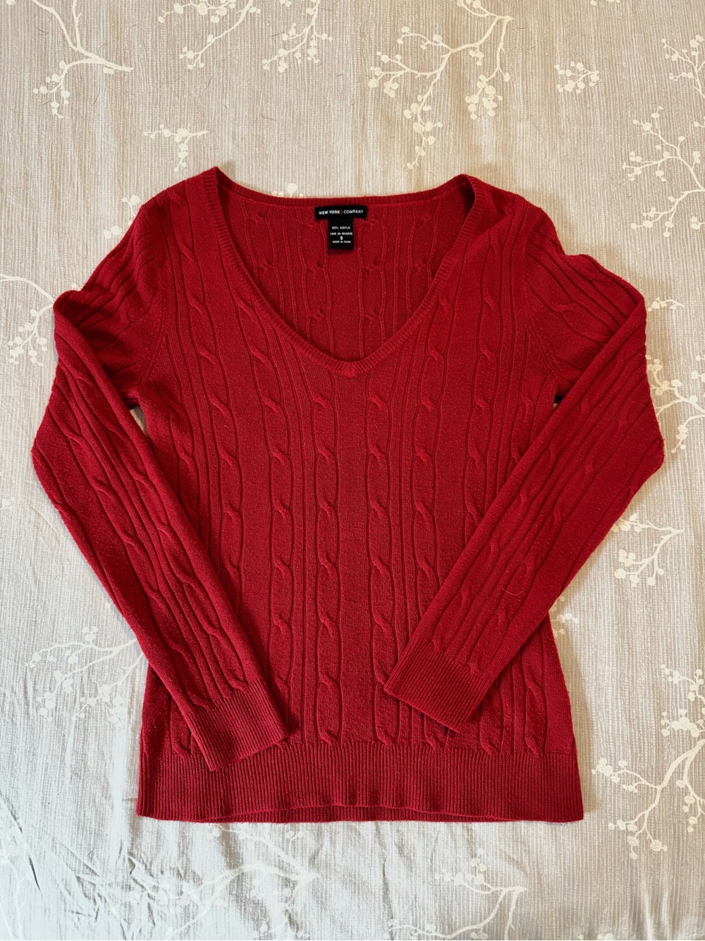 New York & Company Red Cable-Knit V-Neck Sweater